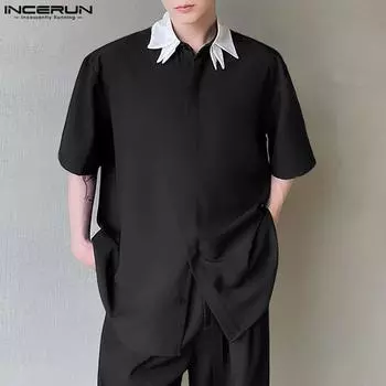 INCERUN Летние мужские офисные рубашки с отложным воротником и короткими рукавами на пуговицах M зелёный