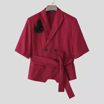 INCERUN Летние мужские пиджаки с лацканами, с рукавами до локтя, на одной пуговице, с цветочным принтом, на шнуровке, повседневные, для вечеринок, короткие, тонкие L