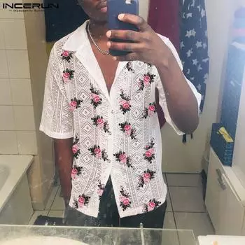 INCERUN Летние мужские пляжные футболки с цветочным принтом и вырезами S чёрный