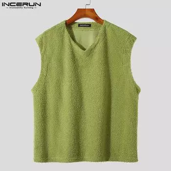 INCERUN Летние мужские плюшевые топы с v-образным вырезом без рукавов, флисовый жилет для отдыха