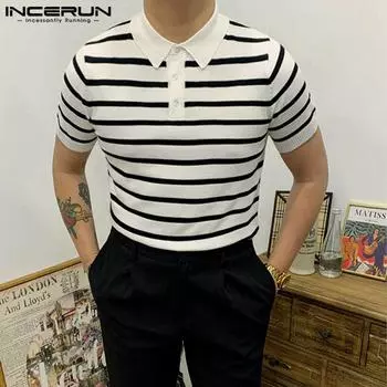 INCERUN Летние мужские поло с короткими рукавами в полоску