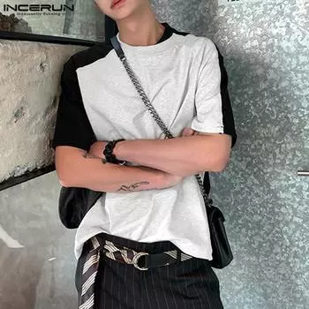 INCERUN Летние мужские повседневные футболки с короткими рукавами ярких цветов XL зелёный