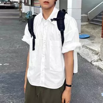 INCERUN Летние мужские повседневные футболки с отложным воротником и коротким рукавом