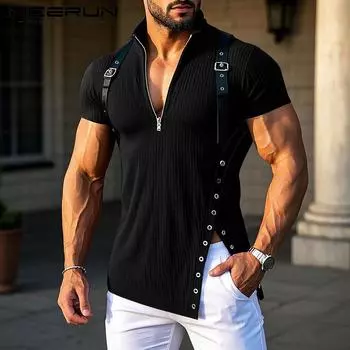 INCERUN Летние мужские повседневные нестандартные тонкие футболки с коротким рукавом на молнии M красный