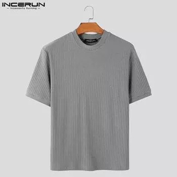 INCERUN Летние мужские повседневные облегающие топы с коротким рукавом в полоску Футболки 2XL чёрный