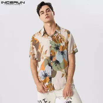 INCERUN Летние мужские праздничные пляжные рубашки с короткими рукавами и принтом XL жёлтый