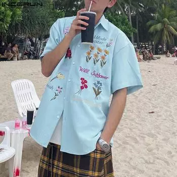 INCERUN Летние мужские праздничные рубашки с цветочным принтом, мешковатые пляжные гавайские футболки S синий