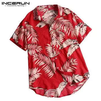 INCERUN Летние мужские праздничные топы с принтом и коротким рукавом, пляжные гавайские хлопковые рубашки