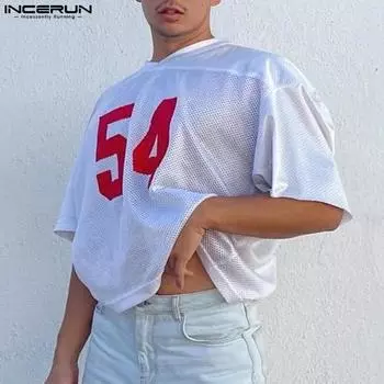 INCERUN Летние мужские прозрачные футболки с коротким рукавом и принтом букв, топы с вырезами S белый