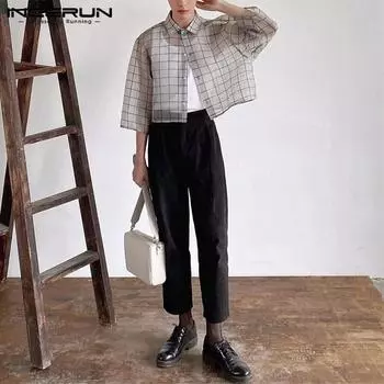 INCERUN Летние мужские прозрачные мешковатые топы с короткими рукавами и клетчатые рубашки M белый