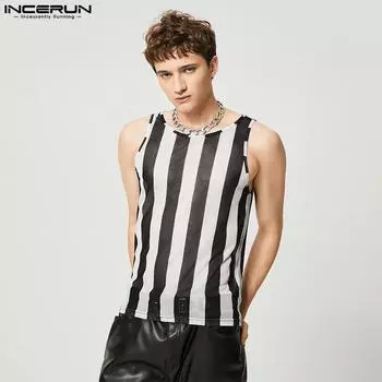 INCERUN Летние мужские прозрачные полосатые сетчатые жилеты без рукавов XL чёрный