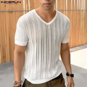 INCERUN Летние мужские прозрачные повседневные топы с v-образным вырезом и короткими рукавами из сетки 3XL бежевый