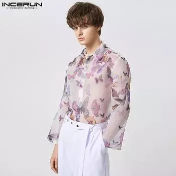 INCERUN Летние мужские прозрачные рубашки с длинными рукавами и принтом бабочек XL фиолетовый