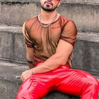 INCERUN/летние мужские прозрачные сетчатые рубашки с короткими рукавами, вечерняя клубная одежда, облегающие футболки L фиолетовый