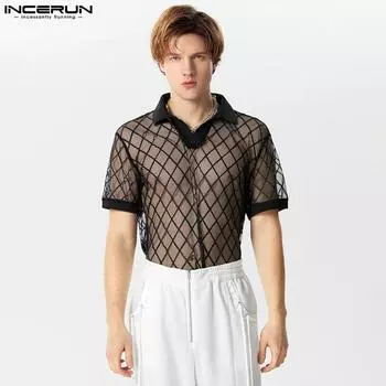 INCERUN Летние мужские прозрачные сетчатые топы с короткими рукавами