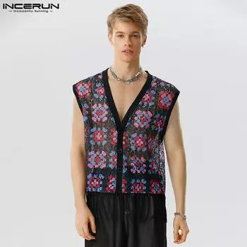 INCERUN Летние мужские прозрачные топы без рукавов с принтом Tnak