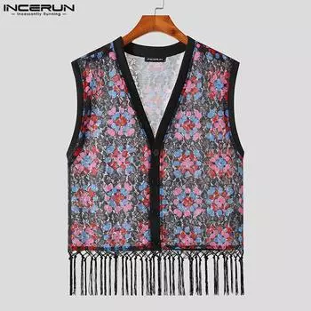 INCERUN Летние мужские прозрачные топы без рукавов с принтом