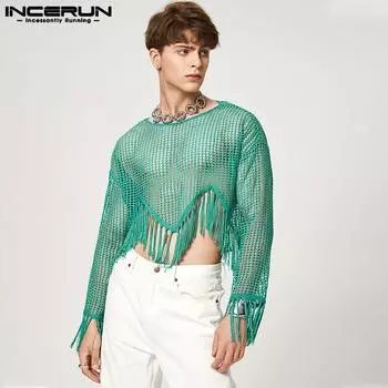 INCERUN Летние мужские прозрачные топы с нерегулярным подолом и кисточками