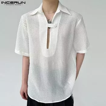 INCERUN Летние мужские прозрачные топы в клетку с короткими рукавами 2XL чёрный