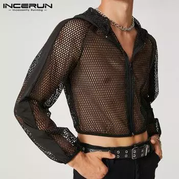 INCERUN Летние мужские прозрачные укороченные топы в сетку с капюшоном XL чёрный