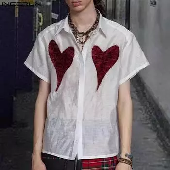 INCERUN Летние мужские рубашки на пуговицах с лацканами и принтом, прозрачные рубашки с короткими рукавами XL белый