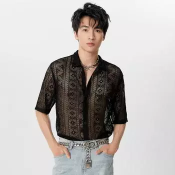 INCERUN Летние мужские рубашки с длинным рукавом из кружевной сетки, повседневные топы из пряжи с цветочным узором