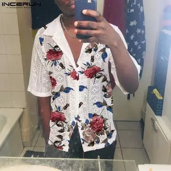 INCERUN Летние мужские рубашки с коротким рукавом и цветочным кружевом, вязаные крючком