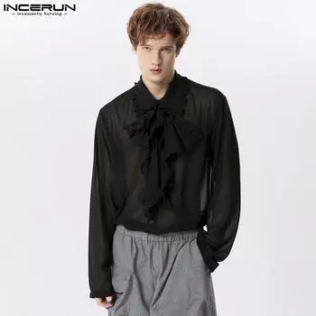 INCERUN Летние мужские рубашки с рюшами и длинными рукавами, прозрачные сетчатые рубашки, топы 4XL чёрный