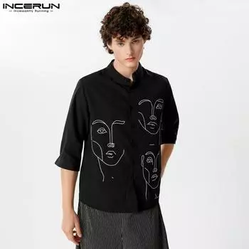 INCERUN Летние мужские рубашки с v-образным вырезом и половиной рукавов и пуговицами с принтом M чёрный