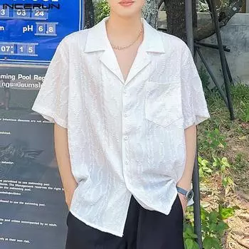 INCERUN Летние мужские рубашки с v-образным вырезом и короткими рукавами, мешковатые футболки с цветочным тиснением S чёрный