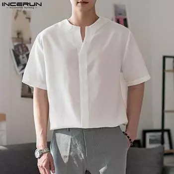 INCERUN Летние мужские рубашки с V-образным вырезом и коротким рукавом, простая рубашка на пуговицах, блузка L чёрный