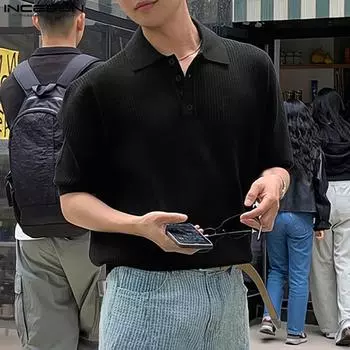 INCERUN Летние мужские рубашки с воротником с лацканами и короткими рукавами в тонкую полоску, повседневные топы, футболки