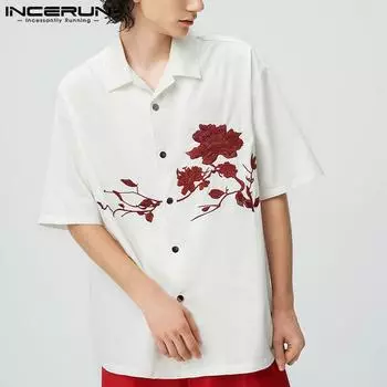 INCERUN Летние мужские рубашки с вышивкой и короткими рукавами, топы