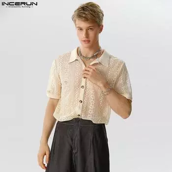 INCERUN Летние мужские рубашки See Thorugh, топы с короткими рукавами