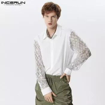 INCERUN летние мужские рубашки в клетку с блестящими сетками и длинными рукавами на пуговицах
