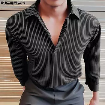 INCERUN Летние мужские рубашки в полоску с v-образным вырезом и длинными рукавами, офисные топы S чёрный