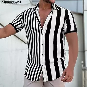 INCERUN летние мужские рубашки в полоску с коротким рукавом на пуговицах, лоскутные топы