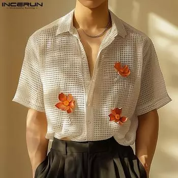 INCERUN летние мужские рубашки в сеточку с цветочной вышивкой, ажурные топы S чёрный