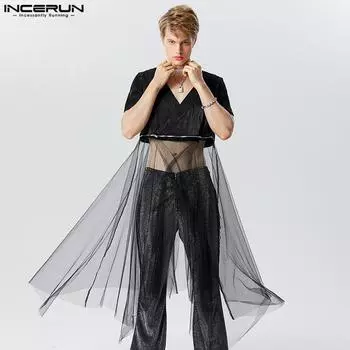 INCERUN Летние мужские сетчатые черные вечерние длинные топы