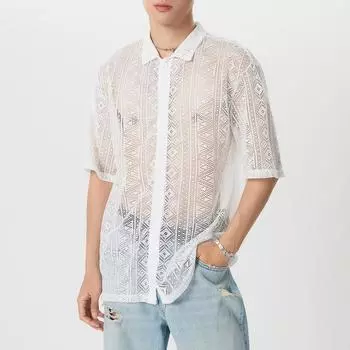 INCERUN Летние мужские сетчатые футболки с длинным рукавом, повседневные цветочные кружевные ажурные топы S белый