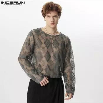 INCERUN Летние мужские сетчатые кружевные топы с круглым вырезом и длинными рукавами, связанные крючком
