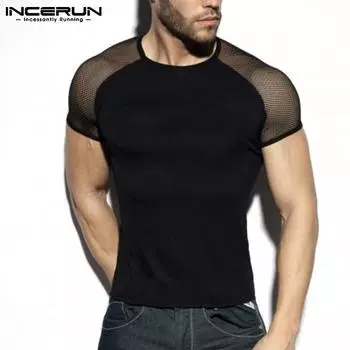 INCERUN летние мужские сетчатые лоскутные топы с круглым вырезом и короткими рукавами, дышащие топы 3XL чёрный