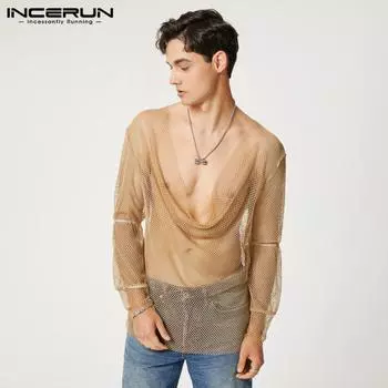 INCERUN/летние мужские сетчатые однотонные свободные топы с длинными рукавами и низким вырезом