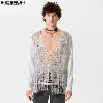 INCERUN Летние мужские сетчатые полые топы с глубоким V-образным вырезом и длинными рукавами с кисточками S серебряный