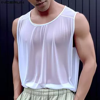 INCERUN Летние мужские сетчатые прозрачные майки без рукавов с круглым вырезом