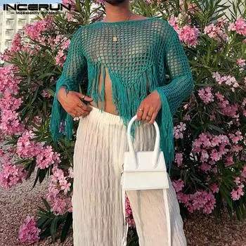 INCERUN Летние мужские сетчатые прозрачные топы с нерегулярным подолом и кисточками