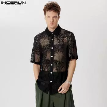 INCERUN Летние мужские сетчатые рубашки с цветочным принтом и кружевными топами на пуговицах S чёрный