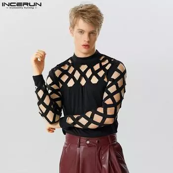 INCERUN Летние мужские сетчатые топы с длинными рукавами и вырезами