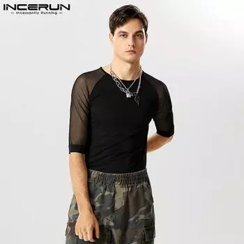 INCERUN Летние мужские сетчатые топы с коротким рукавом в стиле пэчворк с прозрачным верхом для ночного клуба 2XL чёрный
