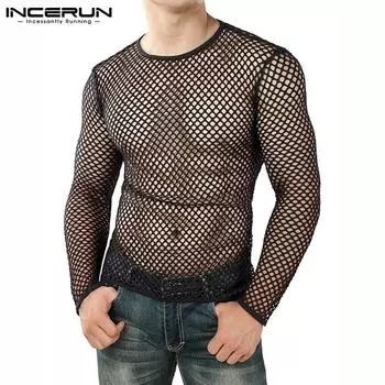 INCERUN летние мужские сексуальные рубашки с длинными рукавами и сетчатыми тонкими топами для ночного клуба, дышащая прозрачная блузка XL